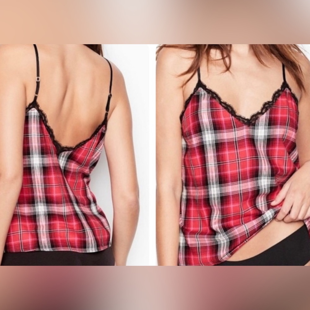 Victoria Secret Red Plaid Woman’s Lace Trim Cami Tank Top